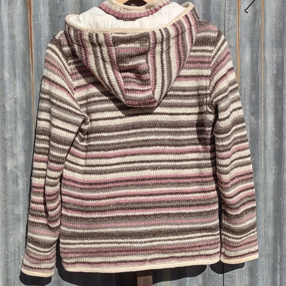 Laundromat Nepal 100% Wool Striped Hooded Sweater Jacket Full Zip Women Medium - Picture 7 of 12